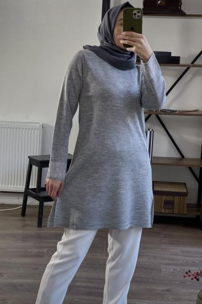 Simli kol taşlı  triko Tunik Füme  NFS14243