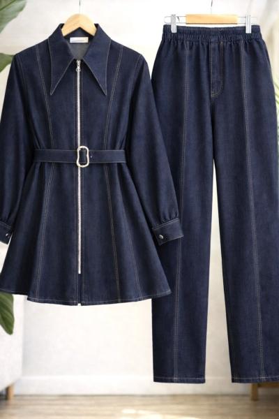 Sivri yaka Kemerli fermuarlı Kot Takım Lacivert TCN40167