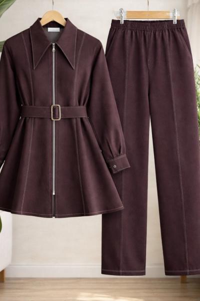 Sivri yaka Kemerli fermuarlı Kot Takım Mürdüm TCN40167