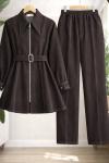 Sivri yaka Kemerli fermuarlı Kot Takım Kahve TCN40167
