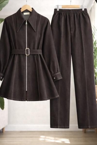 Sivri yaka Kemerli fermuarlı Kot Takım Kahve TCN40167