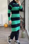 Siyah -yeşil kalın çizgili dokuma triko tunik