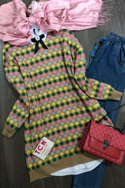 Smile desen triko Tunik Camel TCN1255