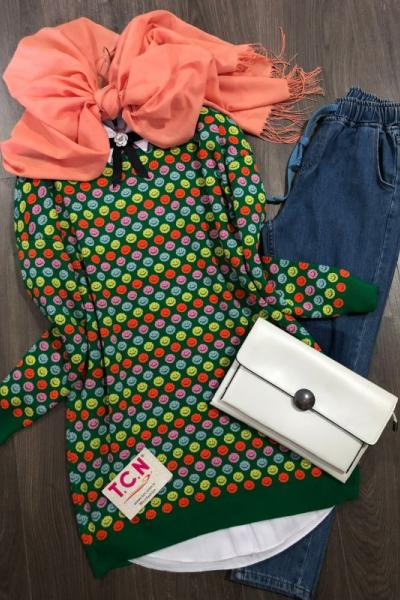 Smile desen triko Tunik Yeşil TCN1255
