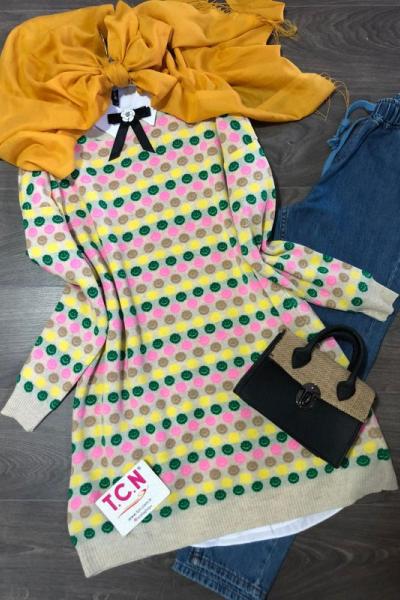 Smile desen triko Tunik Bej TCN1255