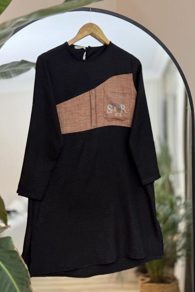 Star Baskılı  Uzun Keten Tunik Siyah SLT30270