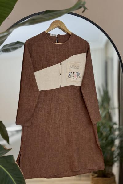Star Baskılı  Uzun Keten Tunik Kahve  SLT30270