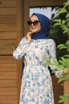 Sümbül Desen Viskon Elbise Ekru ums708