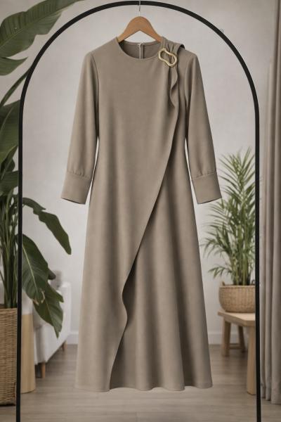 Takalı Bağcıklı Elbise Vizon SL8079