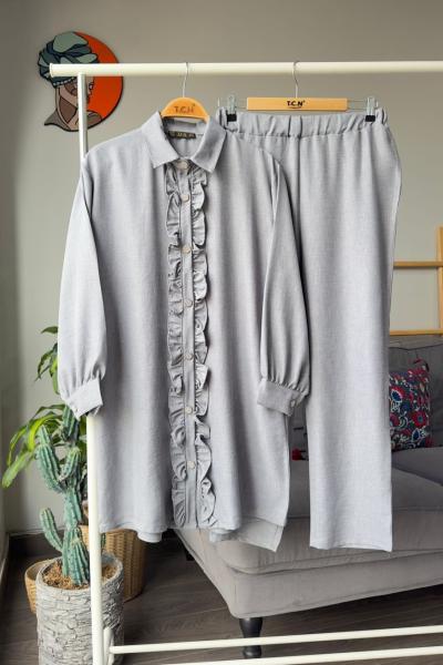 Taş düğmeli Fırfırlı Keten Takım Gri TCN4071