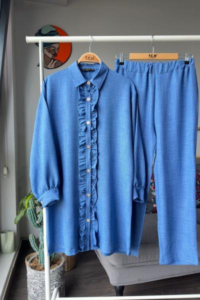 Taş düğmeli Fırfırlı Keten Takım Mavi TCN4071