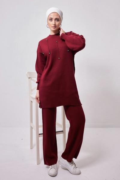 Taş İşlemeli Triko Takım Bordo NSY 30182
