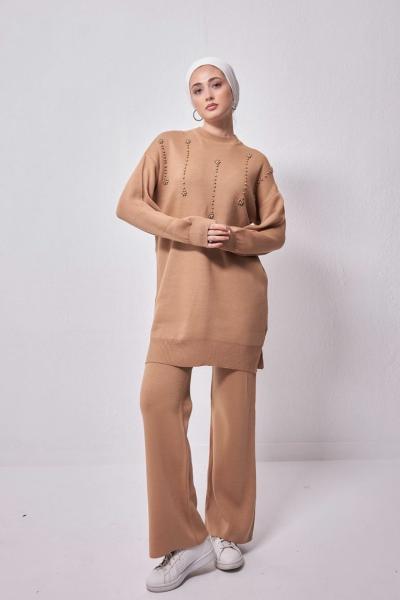 Taş İşlemeli Triko Takım Camel  NSY 30182