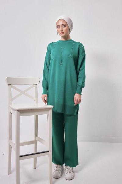 Taş İşlemeli Triko Takım Yeşil  NSY 30182