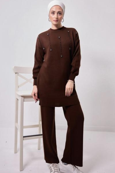 Taş İşlemeli Triko Takım Kahve  NSY 30182