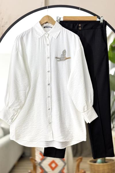 Taş işlemeli tunik  Beyaz NEW6039