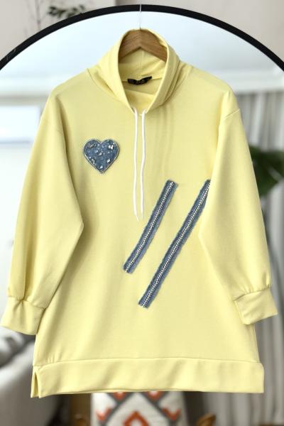 Taş işlemeli kot detaylı oyso tunik sarı TCN40109