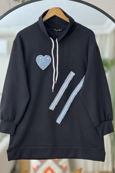 Taş işlemeli kot detaylı oyso tunik siyah TCN40109