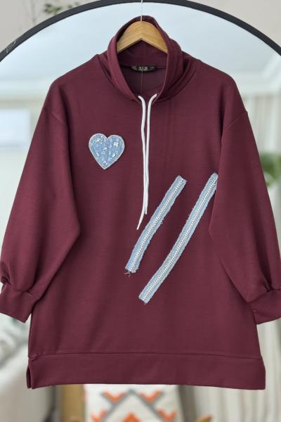 Taş işlemeli kot detaylı oyso tunik bordo TCN40109