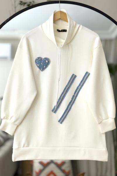 Taş işlemeli kot detaylı oyso tunik beyaz TCN40109