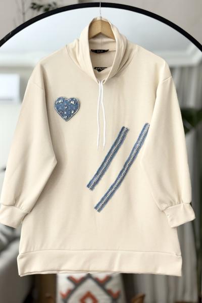 Taş işlemeli kot detaylı oyso tunik bej TCN40109