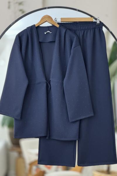 Taş işlemeli Ön bağlamalı  Takım Lacivert YR30545