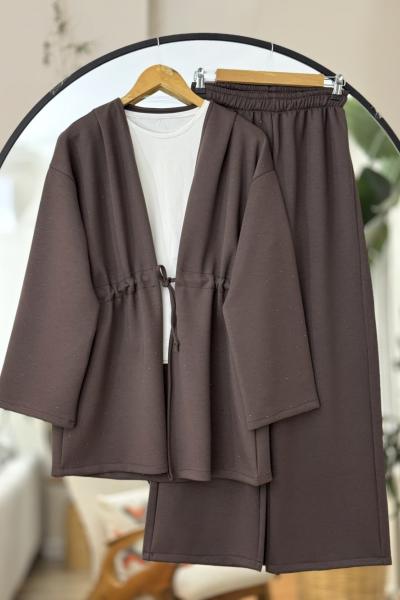 Taş işlemeli Ön bağlamalı  Takım Kahve YR30545