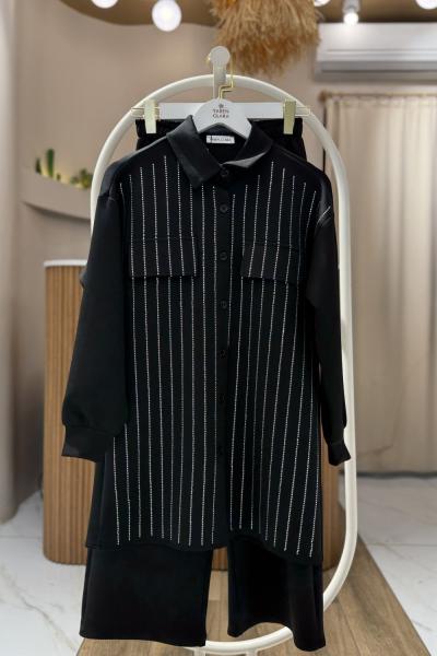 Taş işlemeli İkili Takım Siyah  YR30553