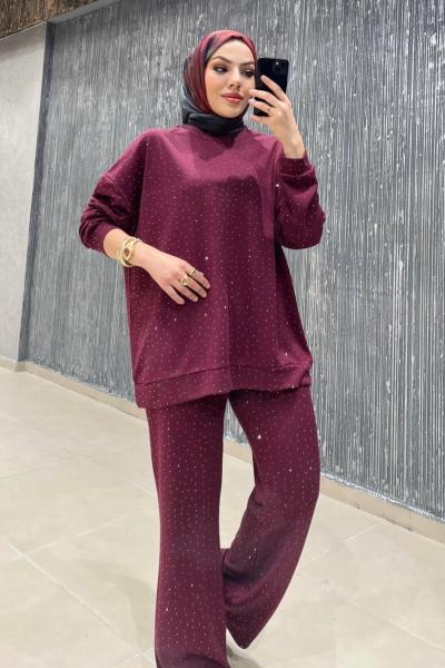 Taş işlemeli oysh  takım bordo UMS50313