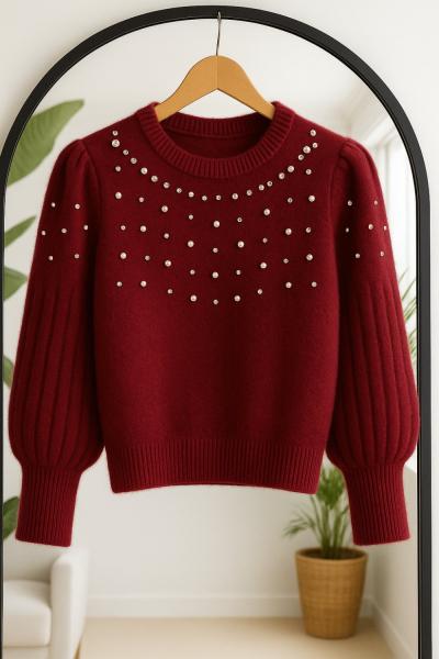 Taş işlemeli  sakallı yumoş Kazak Bordo SLT8045