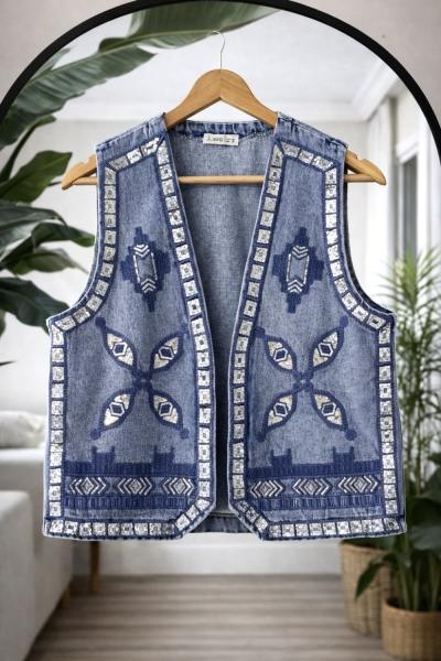 Taş işlemeli kot yelek ES80104