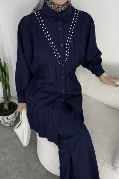 Taş işlemeli modal Kumaş Takım  lacivert YRN30526