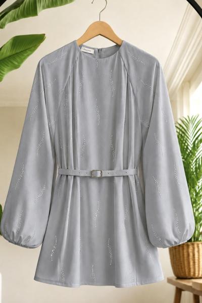 Taş işlemeli kemerli Tunik Gri DS9043