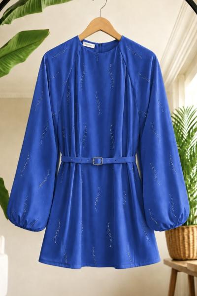 Taş işlemeli kemerli Tunik indigo DS9043