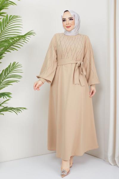 Taş işlemeli Scuba krep elbise Bej TBT3060