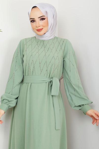 Taş işlemeli Scuba krep elbise yeşilj TBT3060