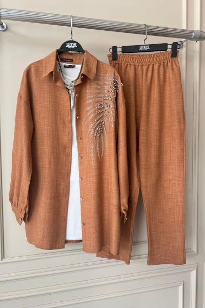 Taş işlemeli yaprak desen keten takım büsküviUMS5039