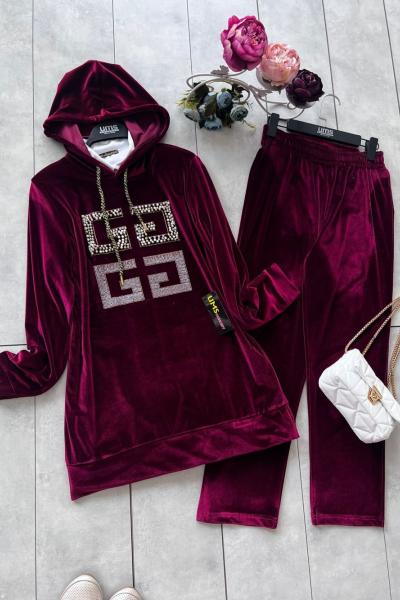 Taş işlemeli kadife takım Bordo UMS5099