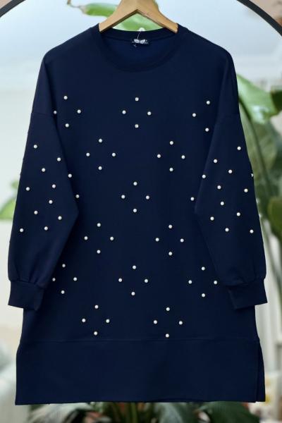 Taş Ve  boncuk işlemeli  Tunik Lacivert DST2026