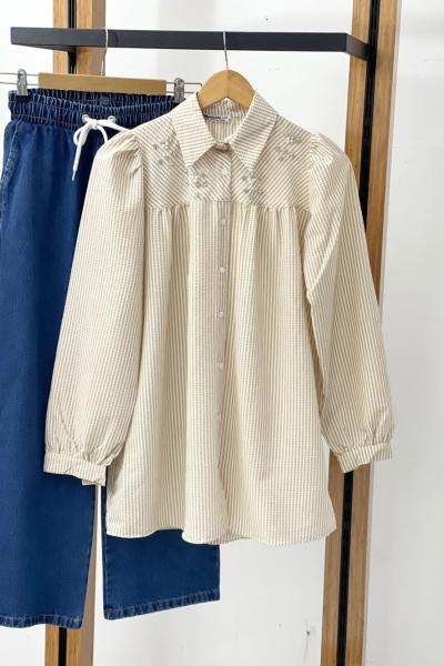 Taşlı  çizgili Tunik Bej SH3090