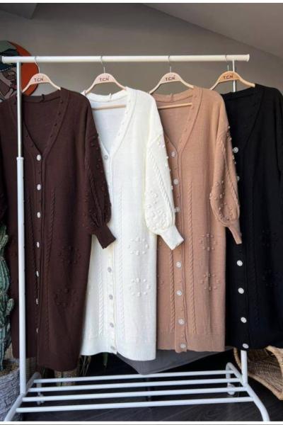 Taşlı düğmeli kabartmalı Hırka  Kahve  TCN4051