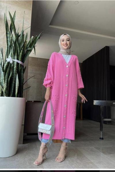 Taşlı düğmeli kabartmalı Hırka  Pembe TCN4051