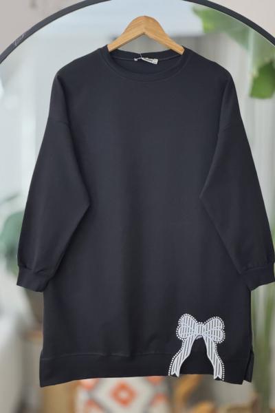 Taşlı fiyonk Nakışlı Tunik Siyah DS2056