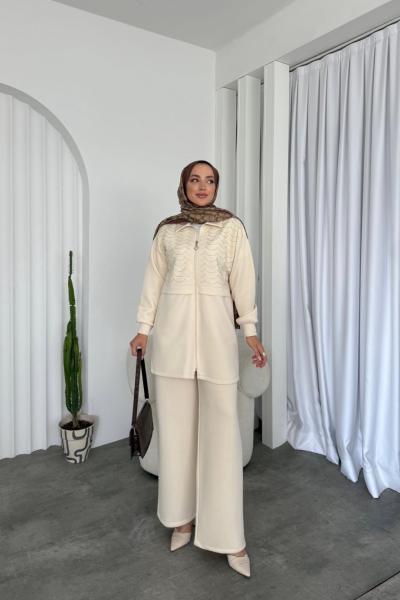 taşlı Nakışlı  ön fermuarlı Takım Bej YR30544