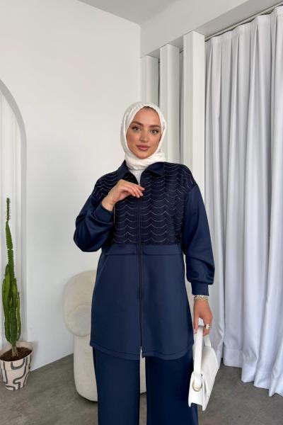 taşlı Nakışlı  ön fermuarlı Takım  Lacivert YR30544