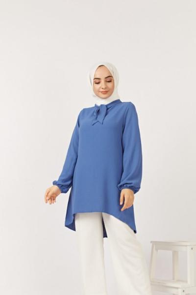 tbl 612 ayrobin kumaş yaka fiyonklu tunik mavi