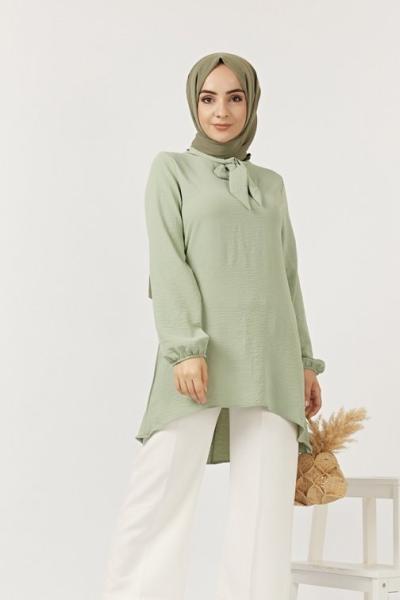 tbl 612 ayrobin kumaş yaka fiyonklu tunik  mintyeşili