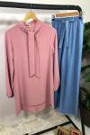 tbl 612 ayrobin kumaş yaka fiyonklu tunik  pembe