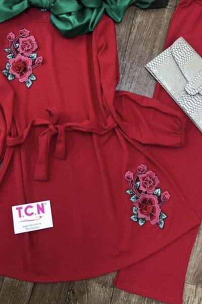 Tcn 111 İTHAL  KREP KUMAŞ NAKIŞLI TAKIM kırmızı