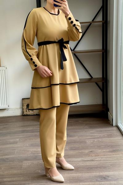 tcn 271 cingene model krep kumaş takım bej